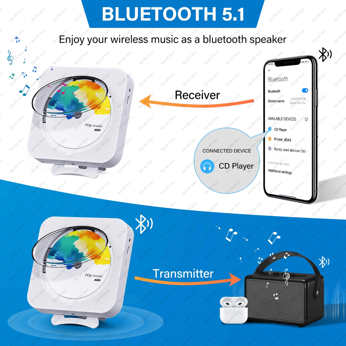 Portable CD Player Built-in Speaker Stereo with Double 3.5mm Headphones Jack LED Screen Wall Mountable CD Music Player KC-909