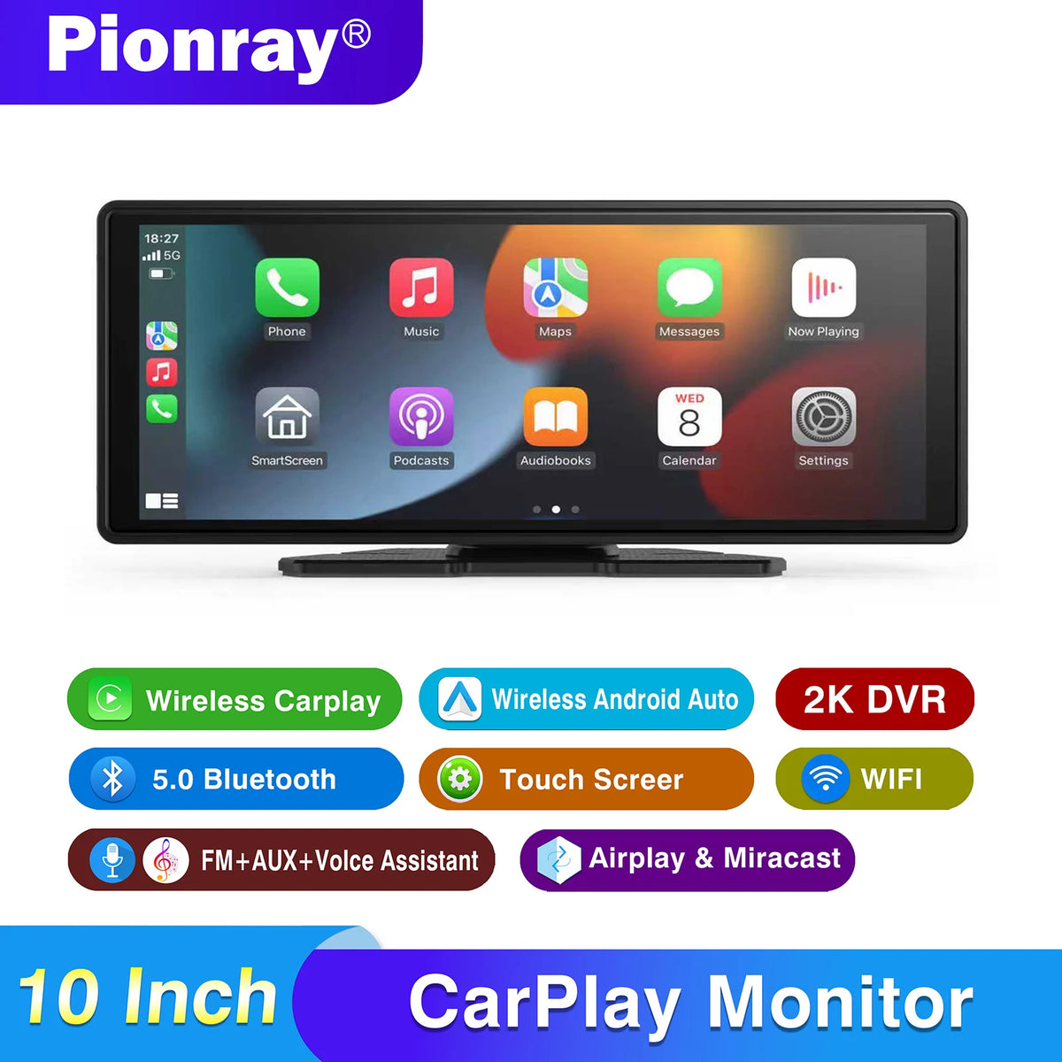 Pionray 10.26” Universal CarPlay Android Auto Car Radio Multimedia Video Player IPS Touch Screen With AUX USB Rearview Camera